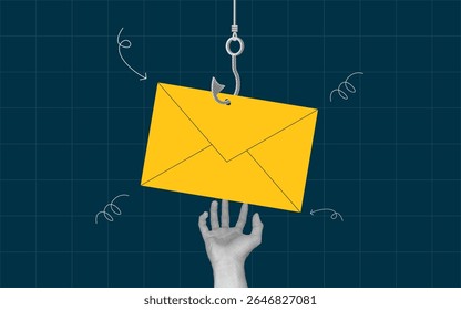 halftone collage, scam envelope email with hook, and hand gestures wanting to grab it. phishing hacking email