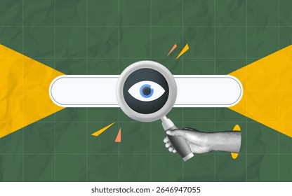 halftone collage, Search bar with eye icon and hand holding magnifying glass, online visibility, data monitoring, internet search and digital surveillance