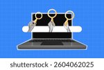halftone collage, Search engine optimization (SEO) with hands holding magnifying glasses over a laptop search bar. digital marketing, online research, and web search strategies
