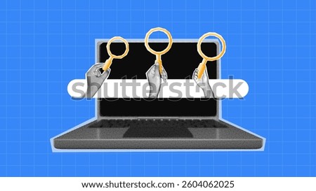 halftone collage, Search engine optimization (SEO) with hands holding magnifying glasses over a laptop search bar. digital marketing, online research, and web search strategies