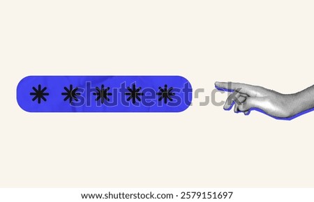 halftone collage, Secure access Blue paper password field with asterisks and a pointing hand. cybersecurity, authentication, and online safety themes