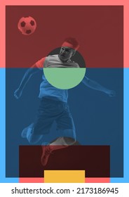 Halftone effect. Creative artwork with soccer, football player in motion and action with ball over absract colorful background with geometric elements. Concept of sport, energy and power. Poster