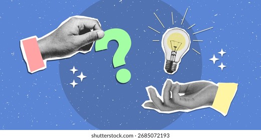 Halftone hands with a question mark and light bulb idea. Modern photo collage retro style.