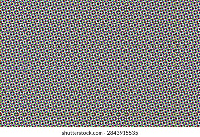 Halftone pattern texture consists of tiny colored dots forming a retro comic book style. Small repeating circles represent cmyk print process emulation with cyan magenta and yellow. Faded analog news