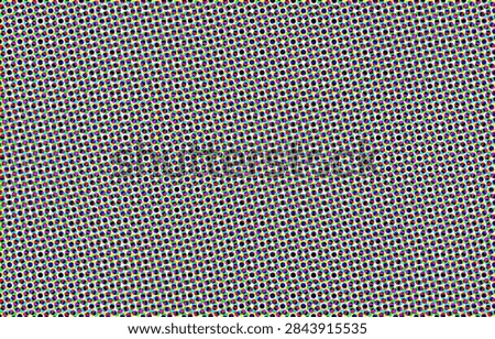 Halftone pattern texture consists of tiny colored dots forming a retro comic book style. Small repeating circles represent cmyk print process emulation with cyan magenta and yellow. Faded analog news