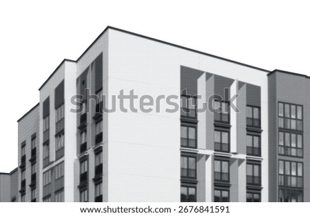 Halftone style rendering of a modern apartment building in monochrome tones, emphasizing its geometric lines and structural form in an abstract architectural concept.