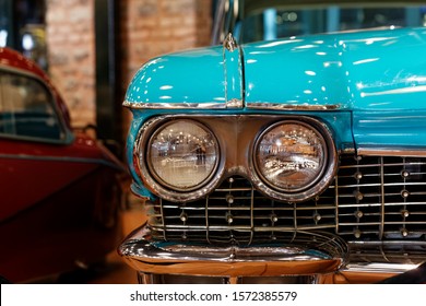 Halic, Istanbul / Turkey - November 23 2019: Blue Cadillac Super 62 de Ville Hardtop Coupe - 1960 Model - headlights and front grill at Rahmi M. Koc Classic Cars Museum in Istanbul. - Shutterstock ID 1572385579