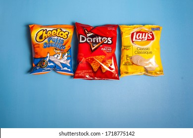 Halifax, Canada- April 11, 2020: Small Bags Of Cheetos, Lays And Doritos Brand Chips