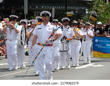 Halifax, Canada. July 16th, 2022. The Halifax Pride Parade Through Streets Of City. Canadian Navy Band Playing In The Navy.