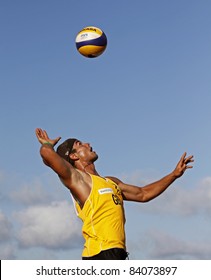 HALIFAX, CANADA - SEPTEMBER 2: Henry Glockner Of Germany Serves At The FIVB Beach Volleyball Swatch Junior World Championships On Sept. 2, 2011 In Halifax, Canada.