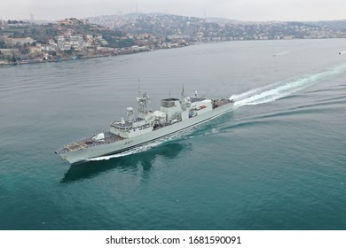 Halifax Class, Canada Navy Ship Frigate HMCS Fredericton Transits Istanbul Strait, Turkey 