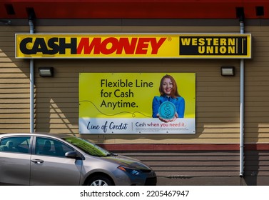 HALIFAX, NOVA SCOTIA - AUG 2022 - Cash Money Western Union Money Transfers Pawn Shop Store Front.  Offers Online Payday Loans, Installment Loans, Or Lines Of Credit. International Money Transfers Etc.