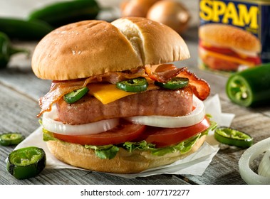 Halifax, Nova Scotia / Canada - April 24 2018: A Cheddar Jalapeno Burger Made With Spam Canned Luncheon Meat.