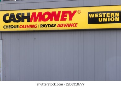 HALIFAX, NOVA SCOTIA - SEP 2022 - Cash Money Western Union Money Transfers Pawn Shop Store Front.  Offers Online Payday Loans, Installment Loans, Or Lines Of Credit. International Money Transfers Etc.