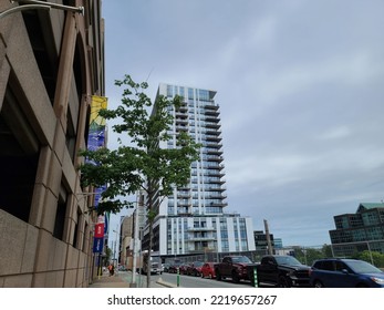 Halifax, NS, CAN, August 8, 2022 - A Busy Downtown Street In Halifax, Nova Scotia With A Large Tower In The Distance.