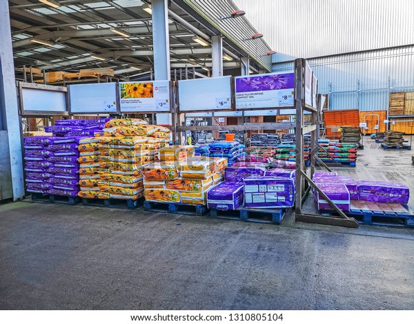 HALIFAX, UK - FEBRUARY 11,\
2019: Garden centre of a large British multinational DIY and home\
improvement B&Q retail store in Halifax, West Yorkshire,\
UK