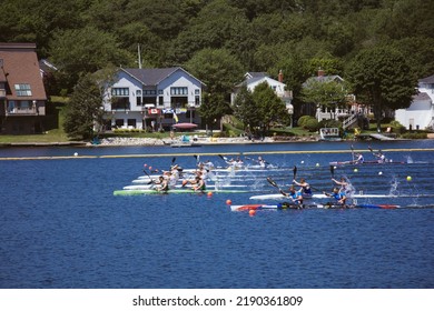 HalifaxCanada - 08.08.2022: Mixed Race Rowing Team Training On A Lake.rowing Competitions In Canada. 
Athletes In Motion, Summer Sport
