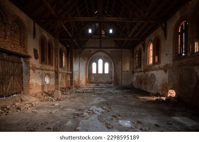 hall of the abandoned church - Shutterstock ID 2298595189