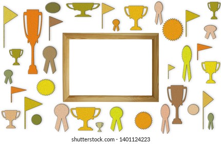 Hall Of Fame Concept With Free Blank Copy Space. Cups, Medals And Badges With White Space In The Wooden Frame Mockup