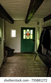 Hall Of The House With Green Door With Stained Glass Window