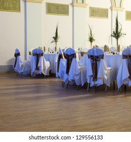 Hall Interior With Wooden Dance Floor, Wedding Or Another Catered Event Place