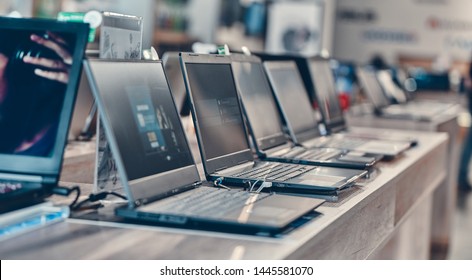Hall shopping center. Shop digital equipment and electronics. Sale of laptops. - Shutterstock ID 1445581070