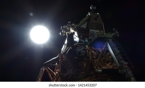 HALL IN TIROL, AUSTRIA - FEBRUARY 12, 2019: Large Scale Miniature Model Of The Apollo 11 Lunar Module Eagle-5, First Crewed Vehicle To Land On The Moon, Shoot In Homemade, Green Screen Film Studio.