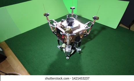 HALL IN TIROL, AUSTRIA - FEBRUARY 12, 2019: Large Scale Miniature Model Of The Apollo 11 Lunar Module Eagle-5, First Crewed Vehicle To Land On The Moon, Shoot In Homemade, Green Screen Film Studio.