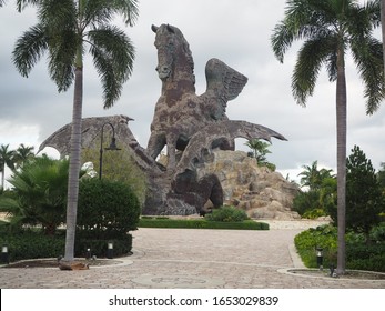 Hallandale Beach, Florida, January 6, 2020. Pegasus And Dragon Statue In Gulfstream Park