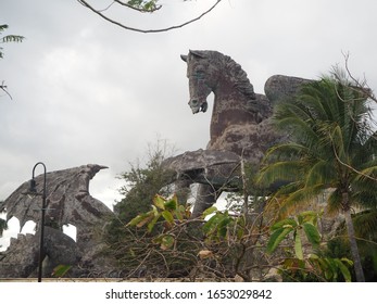 Hallandale Beach, Florida, January 6, 2020. Pegasus And Dragon Statue In Gulfstream Park