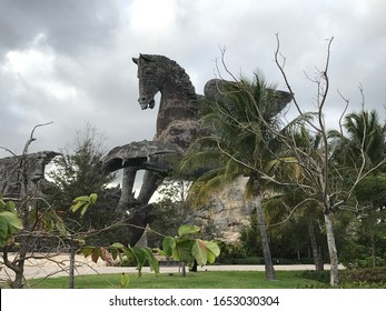 Hallandale Beach, Florida, January 6, 2020. Pegasus And Dragon Statue In Gulfstream Park