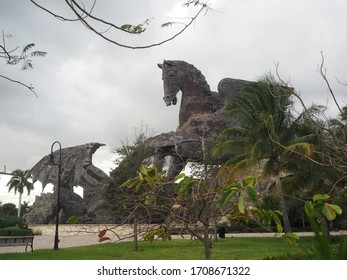 Hallandale Beach, Florida, January 6, 2020. Pegasus And Dragon Statue In Gulfstream Park