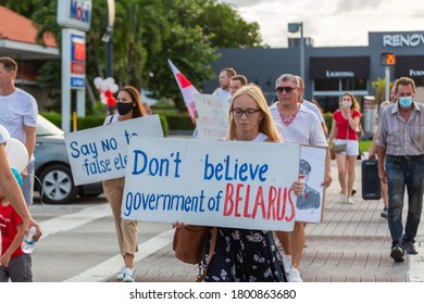 Hallandale Beach, Florida, USA - August 22, 2020: Belarus people at a protest against Lukashenko in Florida, USA. Signs for a fair election, freedom of political prisoners at Belarus. 