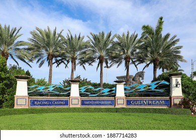 HALLANDALE BEACH, FLORIDA, USA:  Entrance sign to Gulfstream Park Racing and Casino entertainment venue as seen on January 3, 2020. 