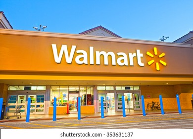 HALLANDALE BEACH, FLORIDA, USA-October 15, 2015: Walmart 24 hour supercenter in Hallandale Beach Florida. Walmart is the largest retailer in the USA Based in Arkansas 