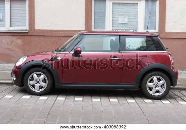 HALLE (SAALE), GERMANY - CIRCA MARCH 2016: dark red\
or maroon Mini Cooper car