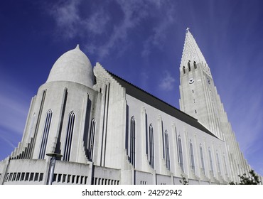 Hallgrimskirkja Cathedral Reykjavik; Iceland. Side View On A Clear Sunny Day. Built By Guðjón Samúelsson.