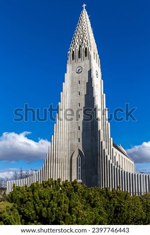 Hallgrimskirkja modernist church tower resembling basalt columns in Reykjavik, Iceland on Skolavorduholt hill with mountain pine trees in front.