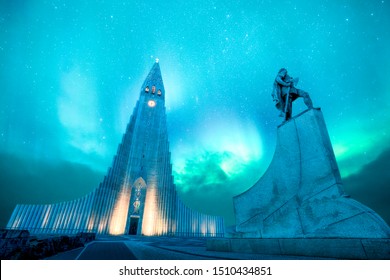 
hallgrimskirkja is one of the highest and most famous lutheran church in Reykjavik,Iceland. It is design by Icelandic architecture. There is green northern light and aurora borealis