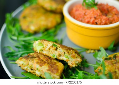 Halloumi Carrot Fritters With Roasted Red Pepper And Cashew Dip, Close Up