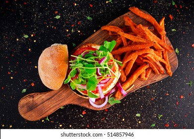 Halloumi Cheese, Mushroom Burger With Sweet Potatoes Fries. Concept Of Health Food