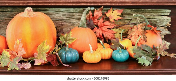 A Halloween , Autumn or Thanksgiving banner sized to fit popular social media headers with pumpkins and fall leaves