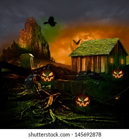 Halloween Background Design Holiday Party Flyer Autumn Scary Twilight Full Moon Haunted House Spooky Night Old Graveyard Cemetery Grave Stone, Black Raven Crow Bat Spider Web Pumpkin Jack o Lantern