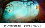 Halloween Background with Lanterns in Dark Forest in Spooky Night. Halloween Design in Magical Forest