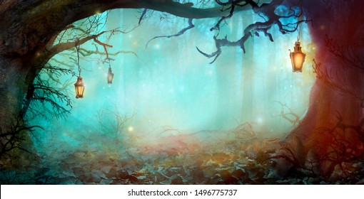 Halloween Background With Lanterns In Dark Forest In Spooky Night. Halloween Design In Magical Forest
