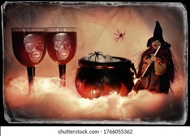 Halloween background, on a lighted smoky background of cobwebs next to a burning cauldron filled with food and snacks, on which a spider crawls, there is a figure of a witch with a broom standing, nex