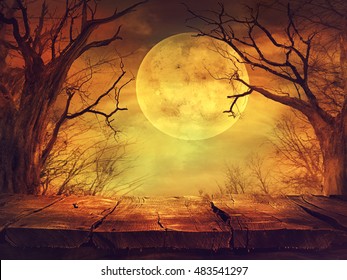 Halloween-Hintergrund. Geräumiger Wald mit Vollmond und Holztisch