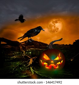 Halloween Background For Text Party Message On Flyer Or Cartoon Holiday Invitation ~ Scary October Twilight Night With Full Moon Spooky Black Raven Crow Spider Web Fiery Pumpkin Jack O Lantern