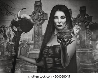 Halloween backgrounds with witch woman and spooky cemetery