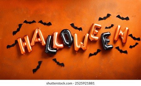 Halloween Balloon Letters and Flying Bats on Orange Background for Festive Decor - Powered by Shutterstock